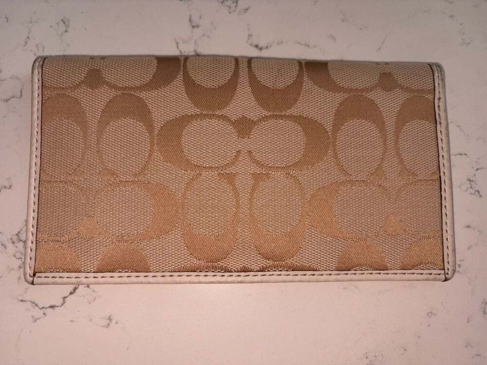 Coach Signature Canvas Slim Checkbook Wallet Cover in Khaki Chalk